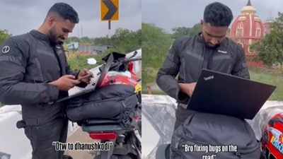 A viral clip showed a techie stopping mid journey to use a laptop on the roadside. (Instagram/the_red_riding_dude)