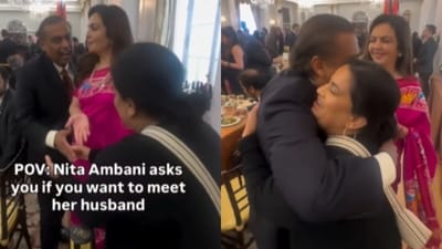 A throwback moment of Zarna Garg sharing laughs with Mukesh Ambani and Nita Ambani resurfaced online. (Instagram/ambani_update) A throwback moment of Zarna Garg sharing laughs with Mukesh Ambani and Nita Ambani resurfaced online. (Instagram/ambani_update)