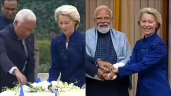 European Council President Antonio Luis Santos da Costa and European Commission President Ursula von der Leyen; Prime Minister Modi