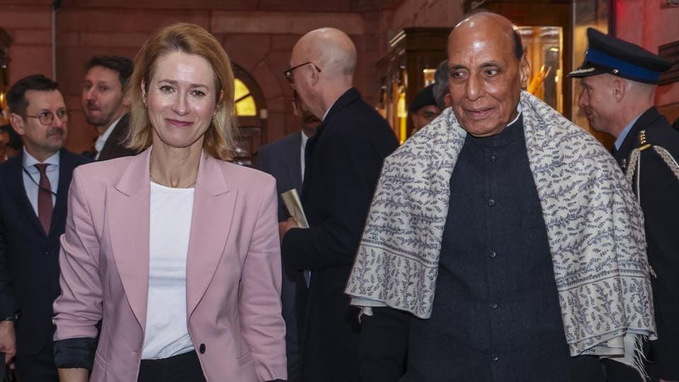 Defence Minister Rajnath Singh, right, meets European Union Vice-President Kaja Kallas to discuss bilateral security and defence cooperation (rajnathsingh/X via PTI) Defence Minister Rajnath Singh, right, meets European Union Vice-President Kaja Kallas to discuss bilateral security and defence cooperation (rajnathsingh/X via PTI)