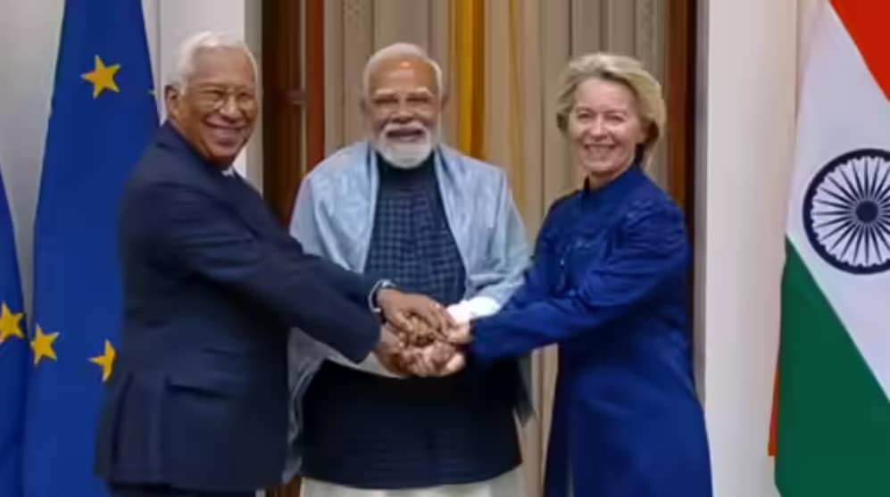 European Council President Antonio Luis Santos da Costa and European Commission President Ursula von der Leyen with PM Modi European Council President Antonio Luis Santos da Costa and European Commission President Ursula von der Leyen with PM Modi