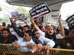 Workers of 'Karni Sena' stage a protest against the UGC act at Parivartan crossing in Lucknow. Workers of 'Karni Sena' stage a protest against the UGC act at Parivartan crossing in Lucknow.