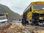 A view of damaged vehicles after a road accident which led to the death of four, including one CRPF personnel, on the Jammu-Srinagar National Highway, in Udhampur on Tuesday. (ANI Video Grab)