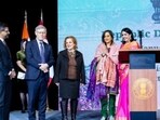 Canadian Cabinet Ministers Anita Anand (fourth from left) and Lena Metlege Diab (third from left) at the Republic Day reception hosted by India’s High Commission in Ottawa. (Credit: High Commission of India)