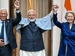 India’s Prime Minister Narendra Modi (centre) poses for a photograph with European Commission President Ursula von der Leyen (right) and European Council President Antonio Costa in New Delhi on Tuesday. The leaders of India and the European Union announced the “mother of all deals” when they met to formalise a huge trade pact reached after two decades of negotiations. (AFP)