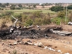 Wreckage of the plane that was carrying Maharashtra Deputy Chief Minister Ajit Pawar and four others after it crashed during landing, near Baramati in Pune district, Maharashtra.