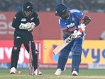 Sanju Samson was bowled for 24 by Mitchell Santner.