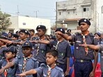 Scouts and Guides and representatives of voluntary organisations took a pledge to follow and promote traffic rules. (HT Photo)