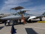 A Russian Sukhoi Su-57 stealth multirole fighter aircraft at the Dubai Air Show in Dubai, United Arab Emirates. 