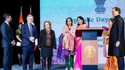 Canadian Cabinet Ministers Anita Anand (fourth from left) and Lena Metlege Diab (third from left) at the Republic Day reception hosted by India’s High Commission in Ottawa. (Credit: High Commission of India) Canadian Cabinet Ministers Anita Anand (fourth from left) and Lena Metlege Diab (third from left) at the Republic Day reception hosted by India’s High Commission in Ottawa. (Credit: High Commission of India)
