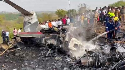Firefighters at the site after an aircraft carrying Maharashtra Deputy Chief Minister Ajit Pawar crashed during landing, at Baramati in Pune district, Maharashtra, Wednesday, Jan. 28, 2026. (PTI) Firefighters at the site after an aircraft carrying Maharashtra Deputy Chief Minister Ajit Pawar crashed during landing, at Baramati in Pune district, Maharashtra, Wednesday, Jan. 28, 2026. (PTI)