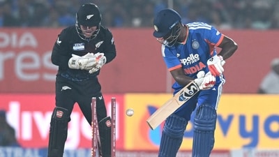 Sanju Samson was bowled for 24 by Mitchell Santner. (AFP) Sanju Samson was bowled for 24 by Mitchell Santner. (AFP)