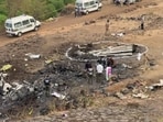 Officials from DGCA and Forensics investigate at the crash site where a charter plane crash-landed on 28 January 2026, in which Maharashtra Deputy Chief Minister Ajit Pawar and four others lost their lives.