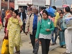 Pilgrims arriving for a dip at Sangam in Prayagraj during the ongoing Magh Mela-2026 on Wednesday. (HT)