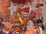 Shankaracharya Swami Avimukteshwaranand Saraswati outside his camp at the Magh Mela before leaving on Wednesday. (ANIL K MAURYA/HT)
