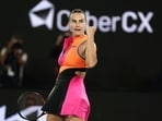 Aryna Sabalenka celebrates a match point against Elina Svitolina.
