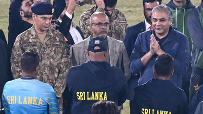Pakistan's Cricket Board Chairman Mohsin Naqvi (togestures while speaking with Sri Lanka's players. (AFP) Pakistan's Cricket Board Chairman Mohsin Naqvi (togestures while speaking with Sri Lanka's players. (AFP)