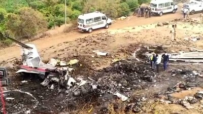 Wreckage of the chartered plane that crashed while carrying Maharashtra deputy CM Ajit Pawar and four others, near Baramati in Pune district on Wednesday (PTI) Wreckage of the chartered plane that crashed while carrying Maharashtra deputy CM Ajit Pawar and four others, near Baramati in Pune district on Wednesday (PTI)
