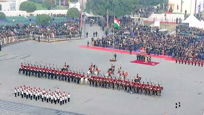 An aerial view of Beating Retreat ceremony at Vijay Chowk, in New Delhi on Thursday. (ANI ) An aerial view of Beating Retreat ceremony at Vijay Chowk, in New Delhi on Thursday. (ANI )