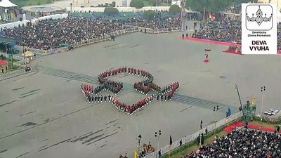 An aerial view of Deva Vyuha formations during Beating Retreat ceremony at Delhi's Vijay Chowk. (ANI) An aerial view of Deva Vyuha formations during Beating Retreat ceremony at Delhi's Vijay Chowk. (ANI)