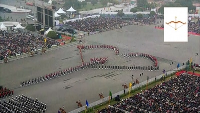 Dhanush (Bow) formation during the Beating Retreat ceremony 2026, at Vijay Chowk in New Delhi (ANI) Dhanush (Bow) formation during the Beating Retreat ceremony 2026, at Vijay Chowk in New Delhi (ANI)
