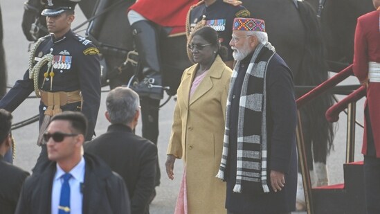 President of India Droupadi Murmu with Prime Minister Narendra Modi during the Beating Retreat ceremony at Vijay Chowk in New Delhi.(Raj K Raj /HT Photo)