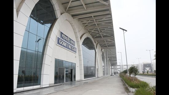 The facade of the Gomti Nagar railway station in Lucknow . (HT Photo)