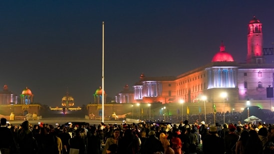 An illuminated view of the North Block after the Beating Retreat ceremony, marking the conclusion of Republic Day celebrations(PTI)