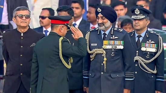 Indian Army Chief General Upendra Dwivedi and Chief of the Air Staff Air Chief Marshal AP Singh during Beating Retreat ceremony at Vijay Chowk on Thursday(ANI)
