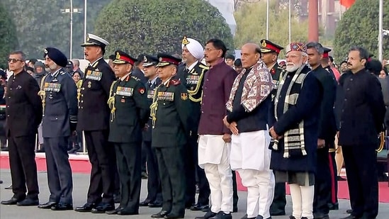 Prime Minister Narendra Modi, Union Defence Minister Rajnath Singh, Chief of Defence Staff General Anil Chauhan, Indian Army Chief General Upendra Dwivedi and Chief of Air Staff Air Chief Marshal AP Singh during Beating Retreat ceremony(ANI)