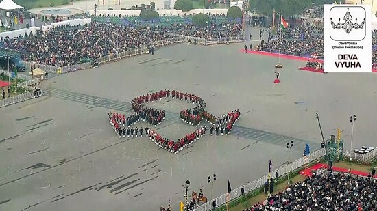 An aerial view of Deva Vyuha formations during Beating Retreat ceremony at Delhi's Vijay Chowk.(ANI)
