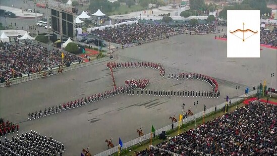 Dhanush (Bow) formation during the Beating Retreat ceremony 2026, at Vijay Chowk in New Delhi(ANI)