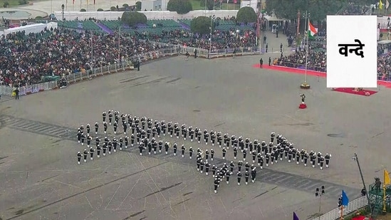 An aerial view of Vande formation during the Beating Retreat ceremony 2026 on Thursday.(ANI)