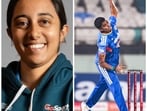 (Above left) Ananya Upendran and (right) Shree Charani, a key player in India’s women’s World Cup win, whom Upendran spotted on the Under-23 domestic circuit in 2024. (AFP)