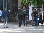 A bomb squad sweeps the UT mini-secretariat in Sector 9 after the bomb threats on Thursday. (Keshav Singh/HT)