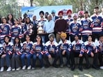 Also present on the occasion were Gurpreet Singh Bakshi, president of the Ice Hockey Association of India and Chandigarh, and director of sports, Saurabh Arora. (Keshav Singh/HT) Also present on the occasion were Gurpreet Singh Bakshi, president of the Ice Hockey Association of India and Chandigarh, and director of sports, Saurabh Arora. (Keshav Singh/HT)