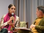 British-American author Jhumpa Lahiri in conversation with Andrea Anastasio, director of the Italian Cultural Institute, and Italian translator Gioia Guerzoni (not in the picture) at the Italian Embassy Cultural Centre in New Delhi on Friday. (Sanchit Khanna/HT Photo)