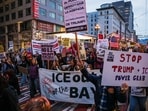 Attendees march during San Francisco Free America Walkout, an anti-ICE protest and a call to end the war on Venezuela in San Francisco. (Yalonda M. James/San Francisco Chronicle via AP)