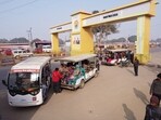 Golf carts operating for pilgrims in Magh Mela area in Prayagraj. (HT PHOTO)