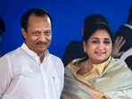 NCP leader Ajit Pawar with wife and party leader Sunetra Pawar at Vidhan Bhavan, in Mumbai. 