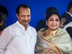 NCP leader Ajit Pawar with wife and party leader Sunetra Pawar at Vidhan Bhavan, in Mumbai. 