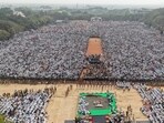People gathered in huge numbers to pay their respects at the funeral of Maharashtra deputy chief minister Ajit Pawar at Baramati in Pune district on Thursday. (HT PHOTO)
