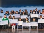 Winners of HT The Next Voice, a spoken-word performance competition, after the grand finale at Modern School, Vasant Vihar, on Thursday. (Sanchit Khanna/ HT Photo)