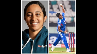 (Above left) Ananya Upendran and (right) Shree Charani, a key player in India’s women’s World Cup win, whom Upendran spotted on the Under-23 domestic circuit in 2024. (AFP) (Above left) Ananya Upendran and (right) Shree Charani, a key player in India’s women’s World Cup win, whom Upendran spotted on the Under-23 domestic circuit in 2024. (AFP)