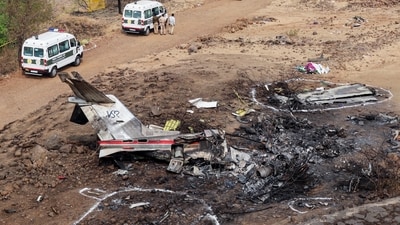 Charred remains lie at the spot of the plane crash that killed Maharashtra Deputy Chief Minister Ajit Pawar and four others on Wednesday, barely 200 metres from the edge of a tabletop runway at Baramati airport. (PTI)