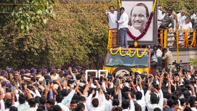 Maharashtra deputy chief minister Ajit Pawar's last rites were performed at the Vidya Pratishthan ground on Thursday. (PTI) Maharashtra deputy chief minister Ajit Pawar's last rites were performed at the Vidya Pratishthan ground on Thursday. (PTI)