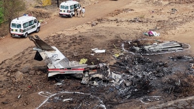 CCTV footage appears to show VT-SSK’s left wing dropping suddenly moments before impact. (PTI) CCTV footage appears to show VT-SSK’s left wing dropping suddenly moments before impact. (PTI)