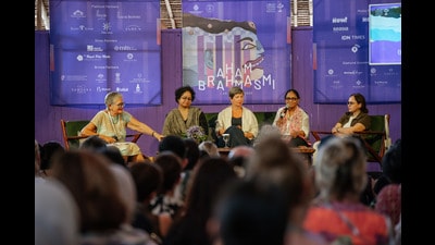 The Ladies of the Booker Prize session featuring Deepa Bhasthi (second from left), Jenny Erpenbeck (centre) and Banu Mushtaq (second from right). (Courtesy UWRF)