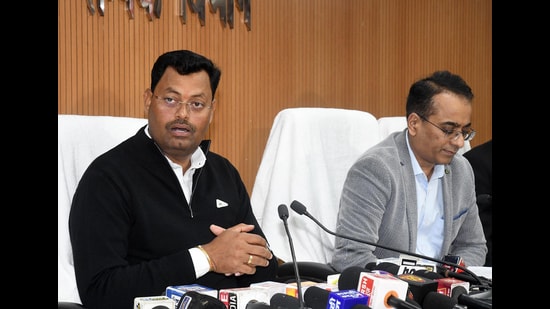 Bihar SC and ST Welfare Minister Lakhendra Kumar Raushan addressing a press conference at Soochna Bhawan on Friday. (Santosh Kumar/HT)