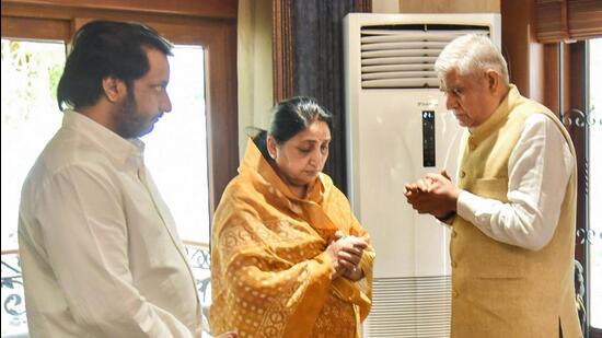 Former Vice President Jagdeep Dhankar pays condolences to the family of late Maharashtra DCM Ajit Pawar, in Baramati on Friday. (@mahancpspeaks X)